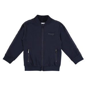 Navy Blue boys cardigan jacket.This boy's fleece jacket in navy blue is just so handy to finish off any outfit ! Neat trendy styling with ribbed cuffs and collar-band. Centre front zipper and zipped pockets. Long sleeves. Comfortable yet smart. Made by Mayoral.