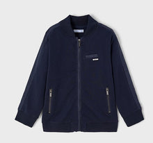 Load image into Gallery viewer, Navy Blue boys cardigan jacket.This boy&#39;s fleece jacket in navy blue is just so handy to finish off any outfit ! Neat trendy styling with ribbed cuffs and collar-band. Centre front zipper and zipped pockets. Long sleeves. Comfortable yet smart. Made by Mayoral.
