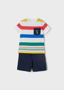 boys coloured stripey tee shirt and navy shorts outfit. mayoral 3658 boys top and shorts set. Tee shirt with stripes and navy shorts for a boy on kidstuff.ie