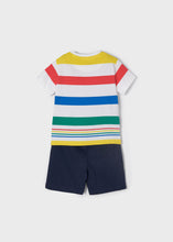 Load image into Gallery viewer, boys coloured stripey tee shirt and navy shorts outfit. mayoral 3658 boys top and shorts set. Tee shirt with stripes and navy shorts for a boy on kidstuff.ie back view
