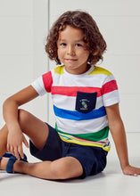 Load image into Gallery viewer, boys coloured stripey tee shirt and navy shorts outfit. mayoral 3658 boys top and shorts set. Tee shirt with stripes and navy shorts for a boy on kidstuff.ie
