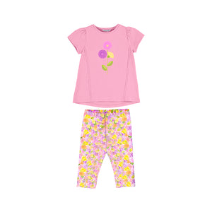 Girl's mallow pink embroidered Tee shirt and floral leggings outfit Mayoral 3757 girl's top and short leggings set