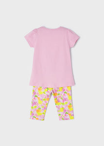 Girl's mallow pink embroidered Tee shirt and floral leggings outfit Mayoral 3757 girl's top and short leggings set