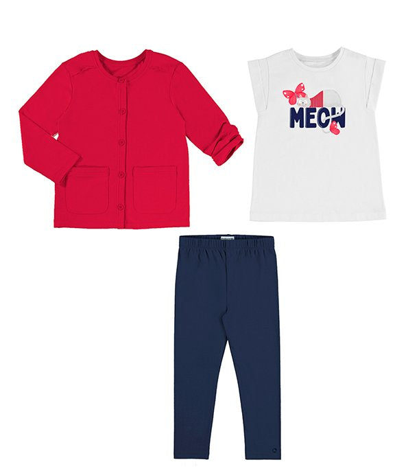Girl's 3 piece outfit with red cardigan, meow-print white top and navy leggings. Mayoral 3759 girl's outfit