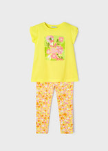 Load image into Gallery viewer, Girls top and leggings to buy on kidstuff.ie Mayoral set 3760 in lemon with peacy floral print on the front and all-over floral and butterfly print leggings.
