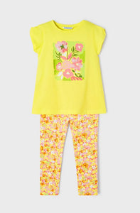 Girls top and leggings to buy on kidstuff.ie Mayoral set 3760 in lemon with peacy floral print on the front and all-over floral and butterfly print leggings.