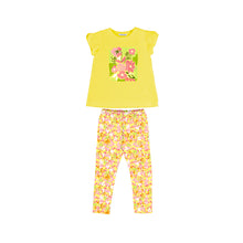 Load image into Gallery viewer, Girls top and leggings to buy on kidstuff.ie Mayoral set 3760 in lemon with peacy floral print on the front and all-over floral and butterfly print leggings.
