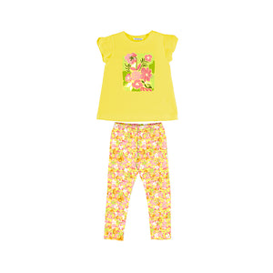 Girls top and leggings to buy on kidstuff.ie Mayoral set 3760 in lemon with peacy floral print on the front and all-over floral and butterfly print leggings.