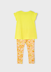 Girls top and leggings to buy on kidstuff.ie Mayoral set 3760 in lemon with peacy floral print on the front and all-over floral and butterfly print leggings. Back view