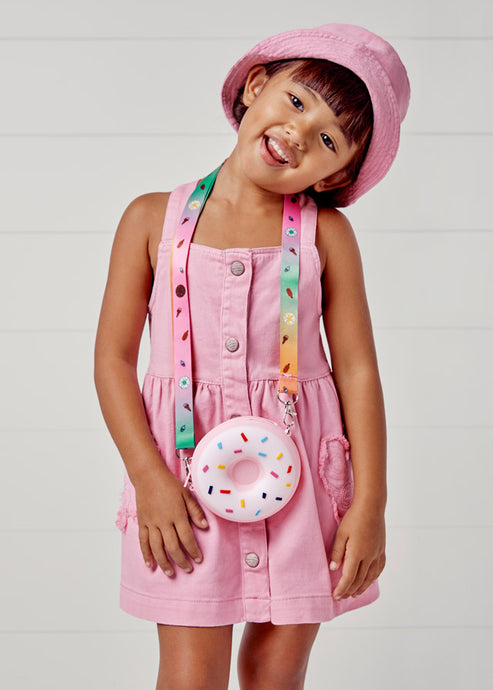Pink dress and hat set. Mayoral 3907 Dungaree style dress and hat for a girl. Mauve pinafore and sunhat set for a girl.