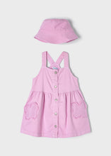 Load image into Gallery viewer, Pink dress and hat set. Mayoral 3907 Dungaree style dress and hat for a girl. Mauve pinafore and sunhat set for a girl.
