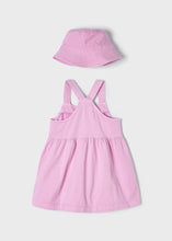 Load image into Gallery viewer, Pink dress and hat set. Mayoral 3907 Dungaree style dress and hat for a girl. Mauve pinafore and sunhat set for a girl. back view
