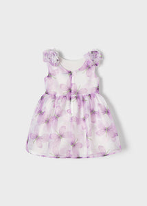 Party dress in lilac print. mayoral 3911 Dress for a girl. Lilac Butterfly print organza girl's dress . Special occasion girl's dress in purple printed organza back view.