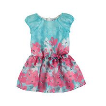 Load image into Gallery viewer, Turqoise and pink floral girl&#39;s dress .mayoral 3917 girl&#39;s dress. Party dress for a girl in turquoise and pink floral fabric
