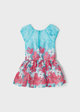 Load image into Gallery viewer, Turqoise and pink floral girl&#39;s dress .mayoral 3917 girl&#39;s dress. Party dress for a girl in turquoise and pink floral fabric back view
