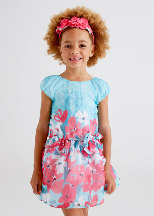 Turqoise  and pink floral girl's dress .mayoral 3917 girl's dress. Party dress for a girl  in turquoise and pink floral fabric