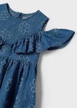 Load image into Gallery viewer, Girl&#39;s denim dress with floral pattern. Mayoral 3941 denim dress. Girls summer denim dress detail

