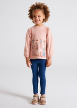 Load image into Gallery viewer, Girls top and jeggings set. Trendy printed pink top for a girl combined with blue jeggings. Ecofriends sustainable cotton leggings set by Mayoral, 4767 available on kidstuff.ie
