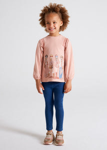 Girls top and jeggings set. Trendy printed pink top for a girl combined with blue jeggings. Ecofriends sustainable cotton leggings set by Mayoral, 4767 available on kidstuff.ie