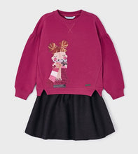 Load image into Gallery viewer, Girl&#39;s long sleeved  top in raspberry pink with decorated front and matching swing skirt in charcoal grey. Mayoral 4980  girl&#39;s skirt and top set available on kidstuff.ie
