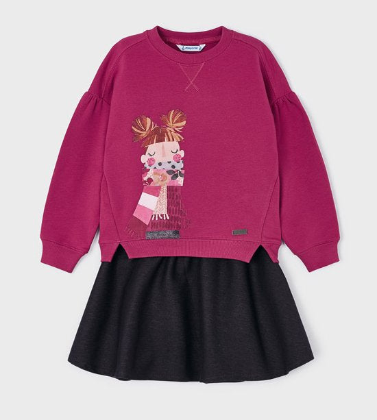 Girl's long sleeved  top in raspberry pink with decorated front and matching swing skirt in charcoal grey. Mayoral 4980  girl's skirt and top set available on kidstuff.ie