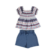 Load image into Gallery viewer, Girls gypsy top and denim shorts set. Mayoral 6231 outfit. Girl&#39;s printed summertop and denim shorts on kidstuff.ie
