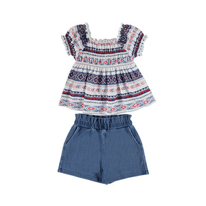 Girls gypsy top and denim shorts set. Mayoral 6231 outfit. Girl's printed summertop and denim shorts on kidstuff.ie