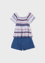 Load image into Gallery viewer, Girls gypsy top and denim shorts set. Mayoral 6231 outfit. Girl&#39;s printed summertop and denim shorts on kidstuff.ie Back view.
