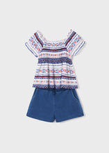 Load image into Gallery viewer, Girls gypsy top and denim shorts set. Mayoral 6231 outfit. Girl&#39;s printed summertop and denim shorts on kidstuff.ie
