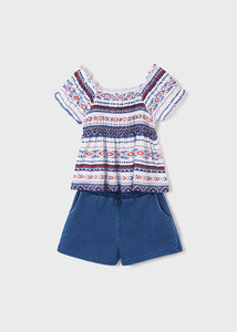 Girls gypsy top and denim shorts set. Mayoral 6231 outfit. Girl's printed summertop and denim shorts on kidstuff.ie