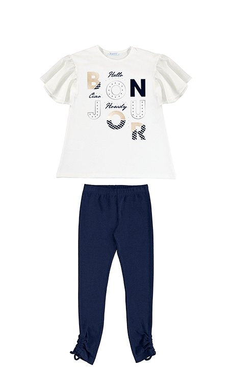 Girls top and leggings set in white and navy. Mayoral 6740 Girl's  outfit. White top with Bonjour logo and navy leggings for a girl on kidstuff.ie