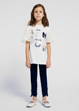 Load image into Gallery viewer, Girls top and leggings set in white and navy. Mayoral 6740 Girl&#39;s outfit. White top with Bonjour logo and navy leggings for a girl on kidstuff.ie

