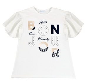 Girls top and leggings set in white and navy. Mayoral 6740 Girl's outfit. White top with Bonjour logo and navy leggings for a girl on kidstuff.ie