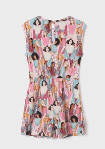 Girl's palysuit dress. Mayoral 6983 Girl's outfit. Girl's printed summer skort dress back view