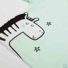 Load image into Gallery viewer, Baby out fit in mint green velour with zebra motif. Mint side buttoned velour top with long sleeves and zebra appliqué at the side. Striped velour bottoms in black and white with feet in and elasticated waist. Organic cotton. Buy online on kidstuff.ie
