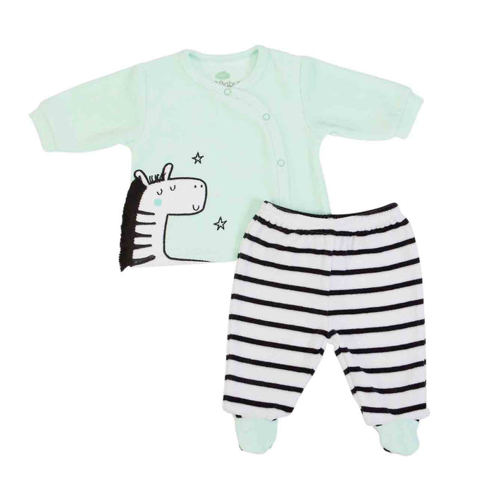 Baby out fit in mint green velour with zebra motif. Mint side buttoned velour top with long sleeves and zebra appliqué at the side. Striped velour bottoms in black and white  with feet in and elasticated waist. Organic cotton. Buy online on kidstuff.ie