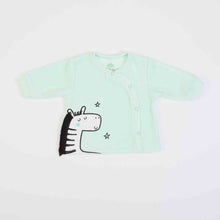 Load image into Gallery viewer, Baby out fit in mint green velour with zebra motif. Mint side buttoned velour top with long sleeves and zebra appliqué at the side. Striped velour bottoms in black and white with feet in and elasticated waist. Organic cotton. Buy online on kidstuff.ie
