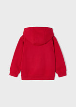 Load image into Gallery viewer, Boy&#39;s red hooded sweatshirt with trainer motif on the front. Mayoral 4456 in gojiberry red. Available on kidstuff.ie back view
