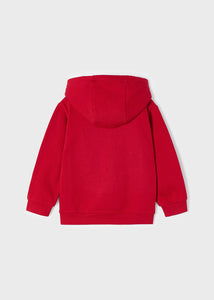 Boy's red hooded sweatshirt with trainer motif on the front. Mayoral 4456 in gojiberry red. Available on kidstuff.ie back view