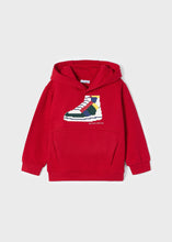Load image into Gallery viewer, Boy&#39;s red  hooded sweatshirt with trainer motif on the front. Mayoral 4456 in gojiberry red. Available on kidstuff.ie
