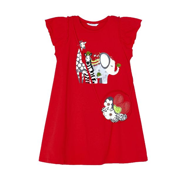 Red dress and handbag. Girl's summer dress with animal  motifs. Short sleeved A-Line red dress. Mayoral 3947 girl's dress available on kidstuff.ie