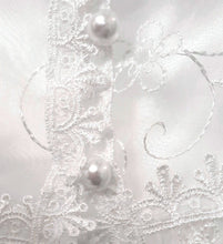 Load image into Gallery viewer, A beautiful three piece Christening outfit comprising a simple white satin gown with cap sleeves, an embroidered organza lace effect &quot;coat&quot; to wear over it, and a matching bonnet. The &quot;coat&quot;  has puff sleeves decorated with bows. It is fastened with pearl buttons and loops and is edged in guipure style lace trimming. The bonnet is fastened with velcro and is edged with a pretty organza frill.
