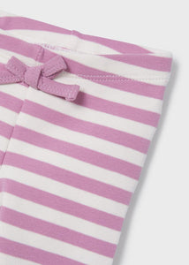Baby Girls set of two outfits in mauve and cream. Stripey leggings, printed leggings, longs sleeved top in mauve and in cream. Mayoral 2705 Ecofriends set for a baby girl.Available on kidstuff.ie mauve leggings