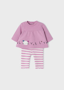 Baby Girls set of two outfits in mauve and cream. Stripey leggings, printed leggings, longs sleeved top in mauve and in cream. Mayoral 2705 Ecofriends set for a baby girl.Available on kidstuff.ie mauve set