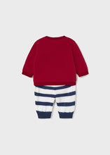 Load image into Gallery viewer, Baby Boy&#39;s jog suit with red top and striped trousers. Baby boy Mayoral outfit., Handy side fastening top. Ecofriends baby 2 piece available on kidstuff.ie Back view

