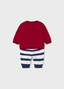 Baby Boy's jog suit with red top and striped trousers. Baby boy Mayoral outfit., Handy side fastening top. Ecofriends baby 2 piece available on kidstuff.ie Back view