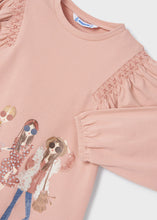 Load image into Gallery viewer, Girls top and jeggings set. Trendy printed pink top for a girl combined with blue jeggings. Ecofriends sustainable cotton leggings set by Mayoral, 4767 available on kidstuff.ie top detail
