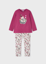 Load image into Gallery viewer, Leggings and top set for a girl. Raspberry pink long sleeved top with puppy-dog motif on the front and all-over doggy-print leggings. Mayoral Ecofriends 4777 available on kidstuff.ie
