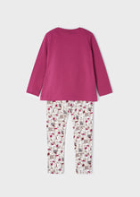 Load image into Gallery viewer, Leggings and top set for a girl. Raspberry pink long sleeved top with puppy-dog motif on the front and all-over doggy-print leggings. Mayoral Ecofriends 4777 available on kidstuff.ie Back view.
