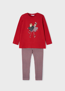 Red long sleeved t shirt with sparkly print on the front and matching tartan check leggings in red white and black. Mayoral 4777 set from the Ecofriends range in red. available from kidstuff.ie